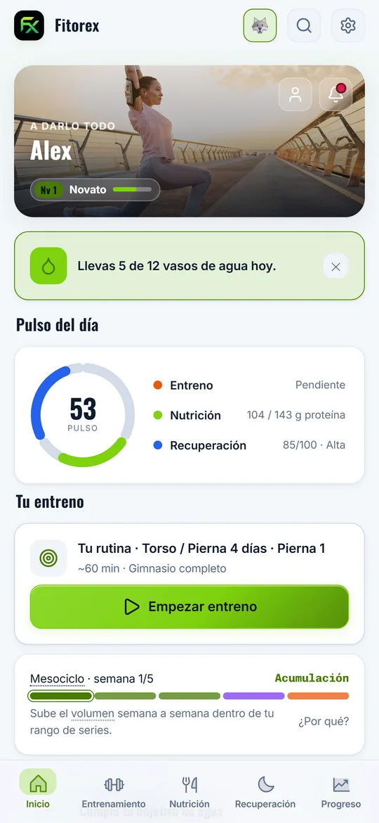 Pantalla de inicio de Fitorex con el pulso del día