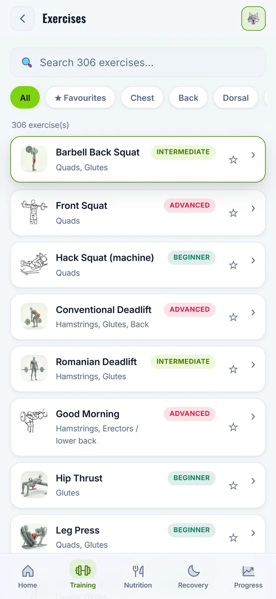 Exercise entry with animation and worked muscles