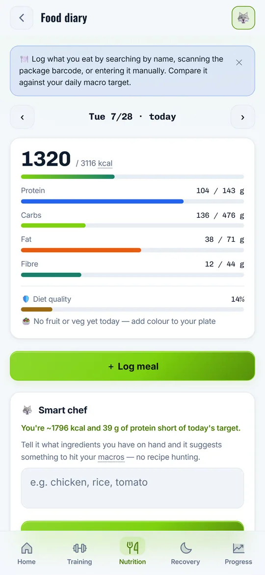 Nutrition diary with calorie and macro targets