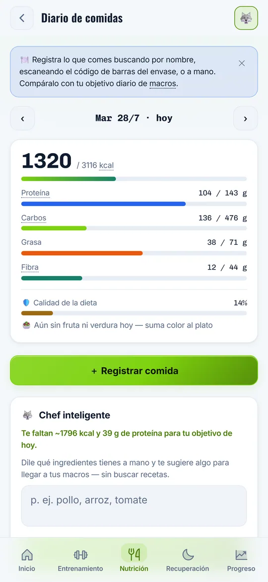 Diario de nutrición con el objetivo de calorías y macros